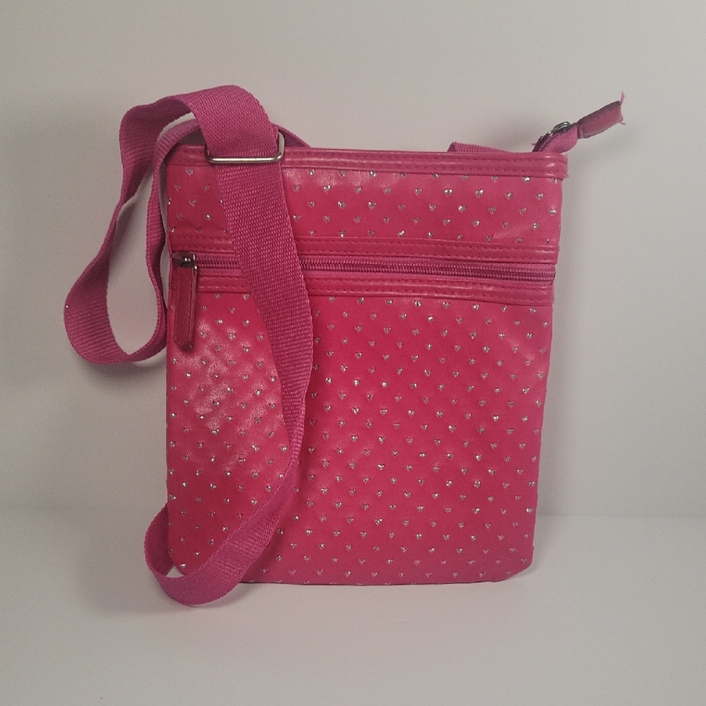 Girls Cute Pink Crossbody Bag with Sparkly Heart Accents